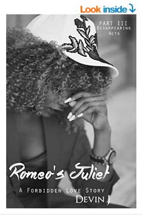 A photo of a girl with her head down and curly hair covering her face. The photo is grayscale. She has her hand covering her nose. She is wearing a blazer. Text reads Romeo's Juliet Book Three