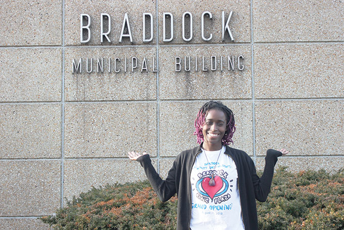 Chardae Jones standing outside of the Braddock Municipal Building