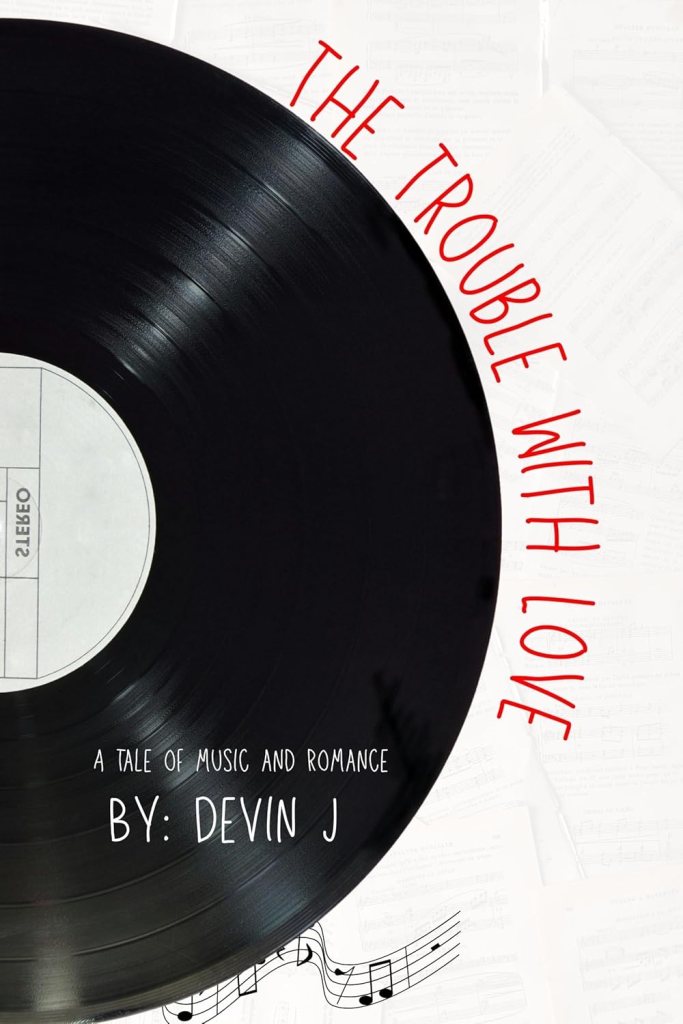 A picture of half of a vinyl record with text Trouble with Love written around it in red