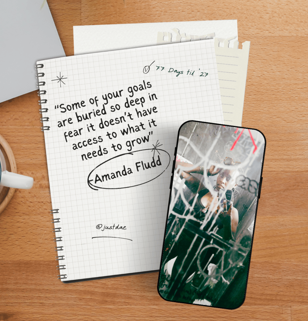A desk with a stack of papers on it and top paper says "Some of your goals are buried so deep in fear it doesn't have access to what it needs to grow." Amanda Fludd with a phone that has a selfie of the author as the wallpaper 